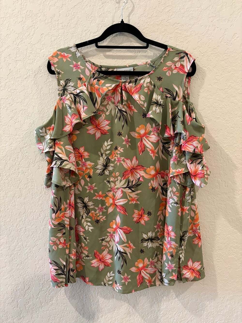 Catherines Women's Plus Size Green Floral 
 Cold Shoulder Ruffle Sleeve Blouse
